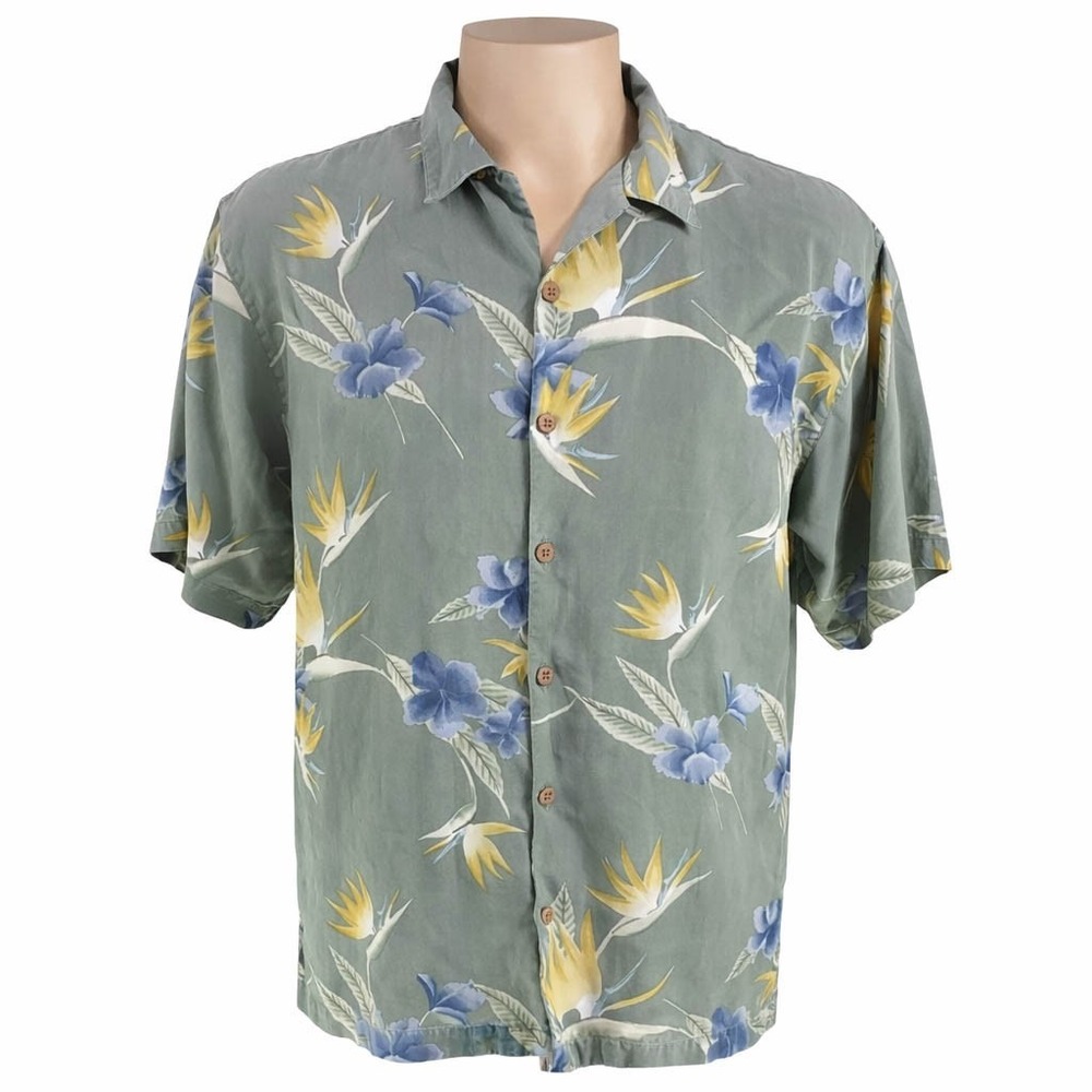 Tommy Bahama Hawaiian Aloha Shirt Large Bird Of‎ Paradise Pale Olive-Green